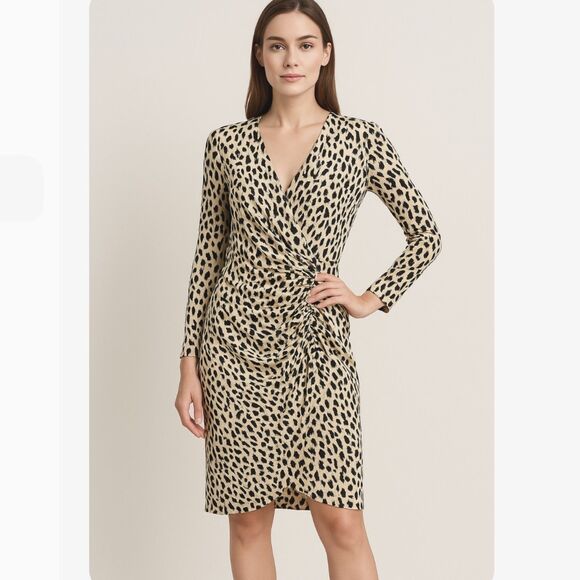 Maggy London VTG Silk Leopard Print Dress Sz 10 Wrap Style Ruched Retro 80s - Picture 1 of 10
